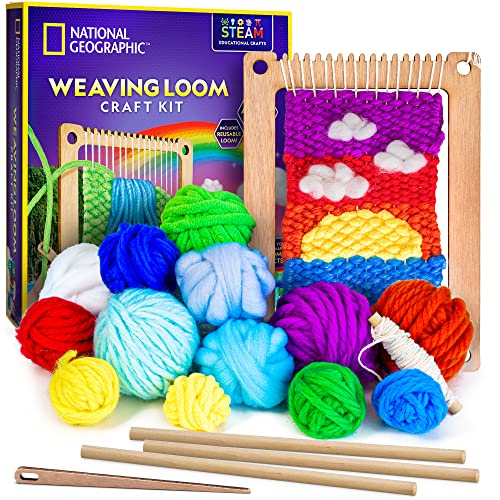 Blue Marble National Geographic Wooden Arts and Crafts Loom Weaving Kit - Yarn and 3 Fun Designs for Easy Weaving, Child Weaving Set with Loom - Image 1