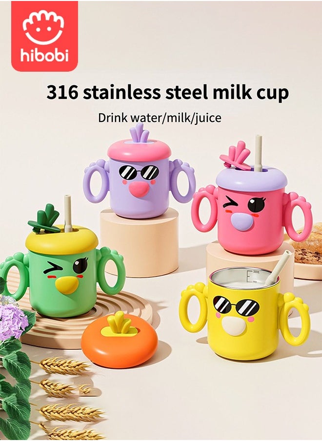 Children's cup Stainless steel milk cup straight drink sippy cup Drink cup Baby drink cup Insulated multi-purpose cup (two straws/green)