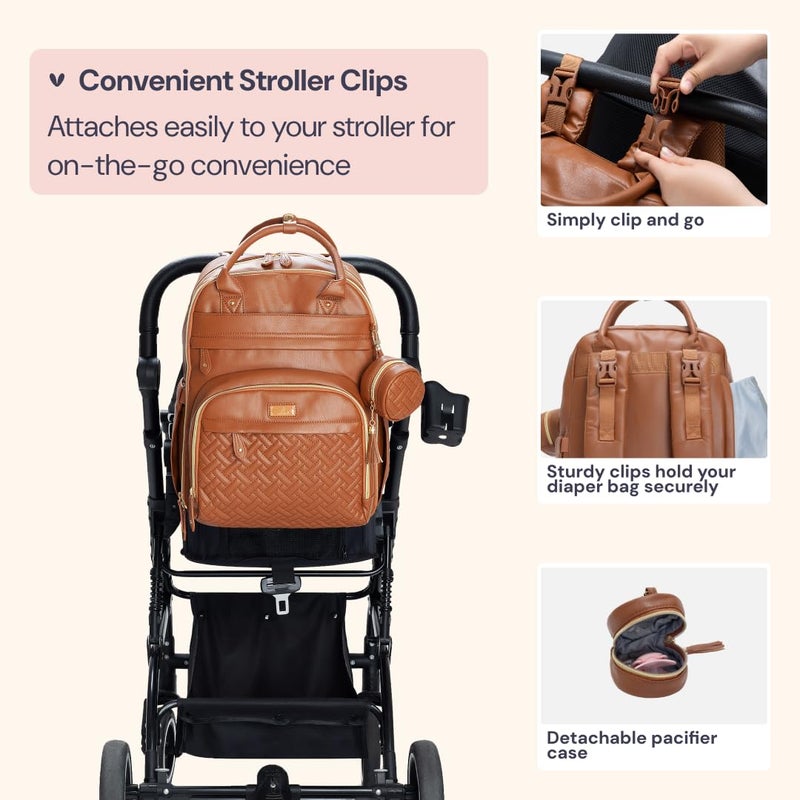 BabbleRoo Leather Diaper Bag Backpack - Baby Essentials Travel Baby Bag, Multi function, Waterproof, with Changing Pad, Stroller Straps & Pacifier Case – Unisex, Natural Brown - Image 5