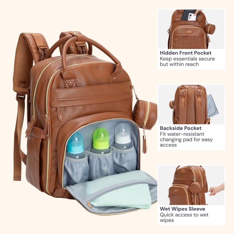 BabbleRoo Leather Diaper Bag Backpack - Baby Essentials Travel Baby Bag, Multi function, Waterproof, with Changing Pad, Stroller Straps & Pacifier Case – Unisex, Natural Brown - Image 4