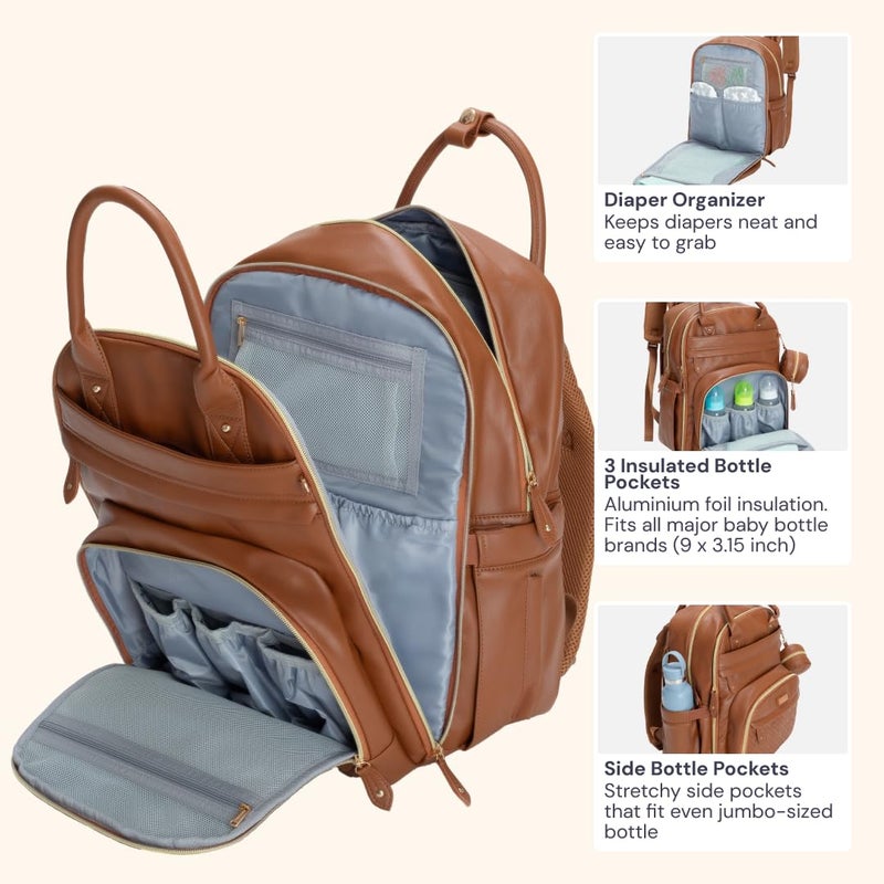 BabbleRoo Leather Diaper Bag Backpack - Baby Essentials Travel Baby Bag, Multi function, Waterproof, with Changing Pad, Stroller Straps & Pacifier Case – Unisex, Natural Brown - Image 3