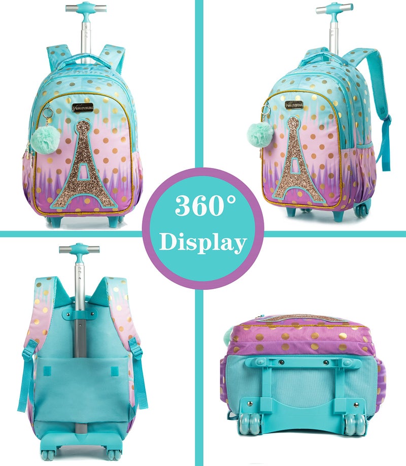 Meetbelify Rolling Backpack for Girls Rolling Backpacks with Wheels Trolley Trip Luggage for Elementary Student with Lunch Box - Image 3