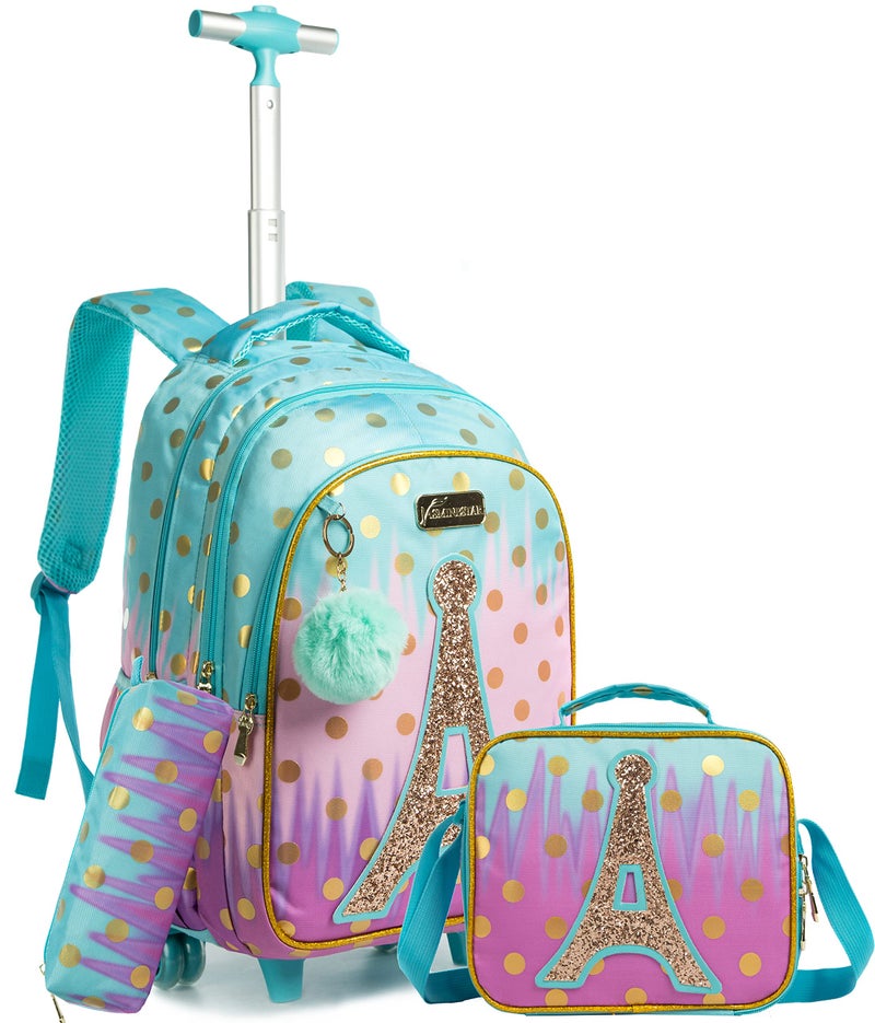 Meetbelify Rolling Backpack for Girls Rolling Backpacks with Wheels Trolley Trip Luggage for Elementary Student with Lunch Box - Image 1