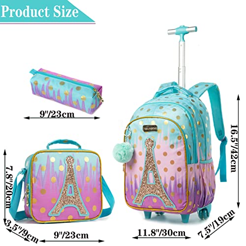 Meetbelify Rolling Backpack for Girls Rolling Backpacks with Wheels Trolley Trip Luggage for Elementary Student with Lunch Box - Image 2