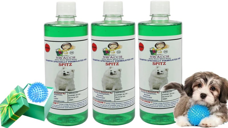 swacch Shampoo | Puppy Safe Shampoo | PH Balanced | Ditch to Itch for Spitz Dog Shampoo 500ml Pack of 3 (Neem Alovera) + Spike Ball Chew Toy Combo Pack - Image 1