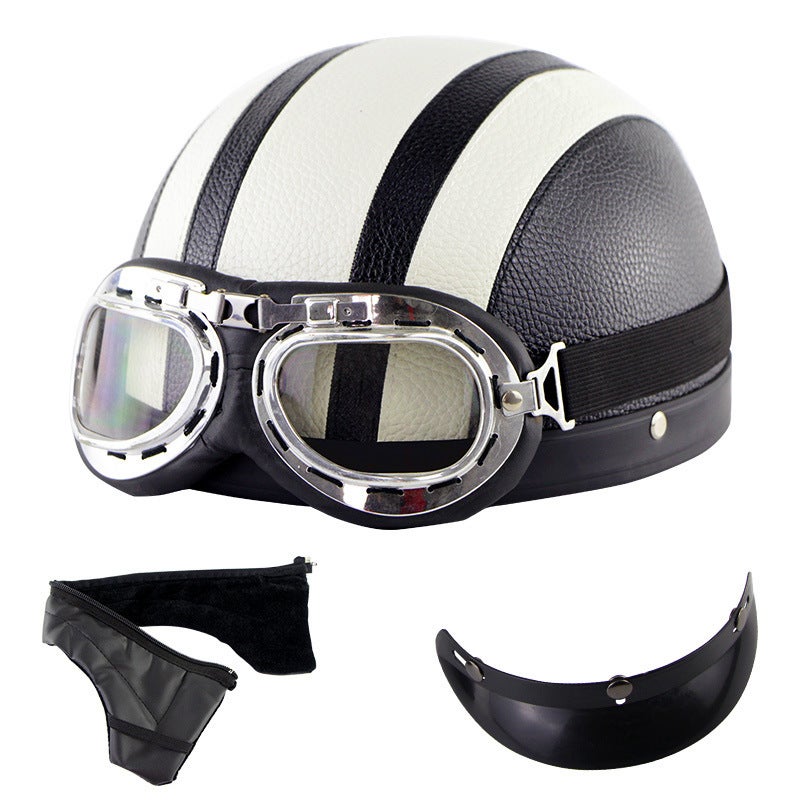 Generic Motorcycle Half Helmet Unisex Summer Riding Safety Gear White leather helmet + Harley goggles + detachable scarf 
