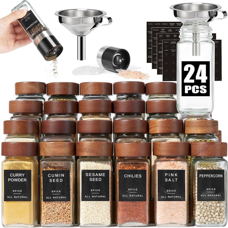 Yangbaga 24Pcs Glass Spice Jars with Labels-4OZ Wood Lid Square Spice Containers with Pepper Grinder Lids &Funnel,Seasoning Jars for Rack Cabinet Drawer - Image 1