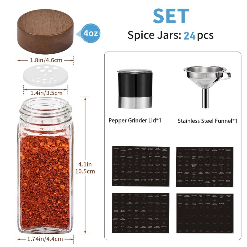 Yangbaga 24Pcs Glass Spice Jars with Labels-4OZ Wood Lid Square Spice Containers with Pepper Grinder Lids &Funnel,Seasoning Jars for Rack Cabinet Drawer - Image 3