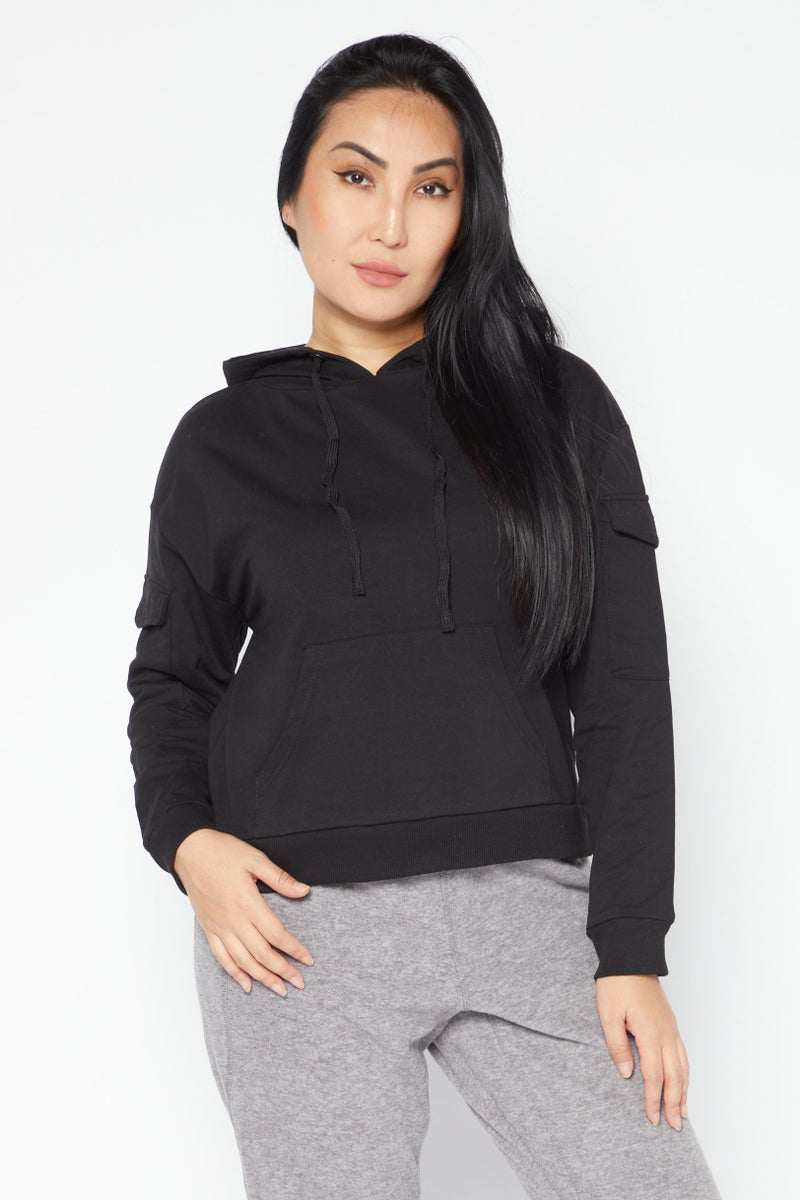 BRAVE SOUL Women Hooded Plain Sweatshirt, Black - Image 1