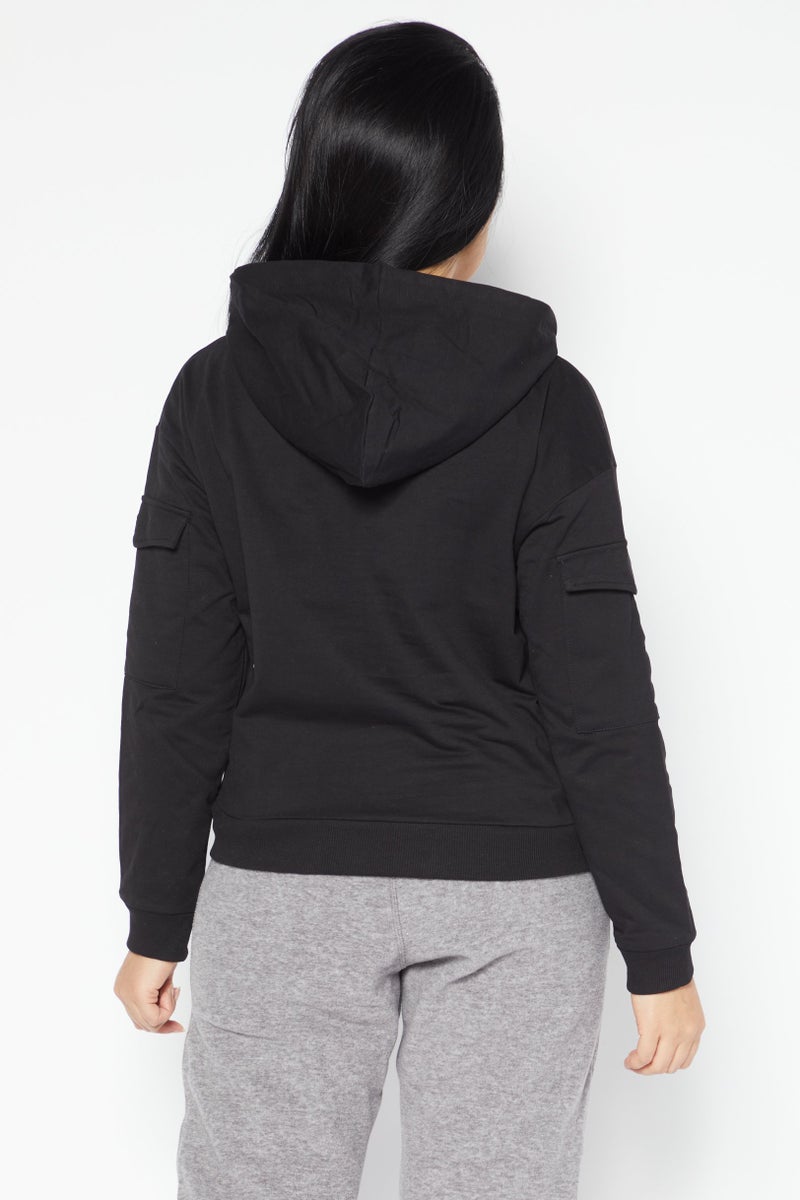 BRAVE SOUL Women Hooded Plain Sweatshirt, Black - Image 4