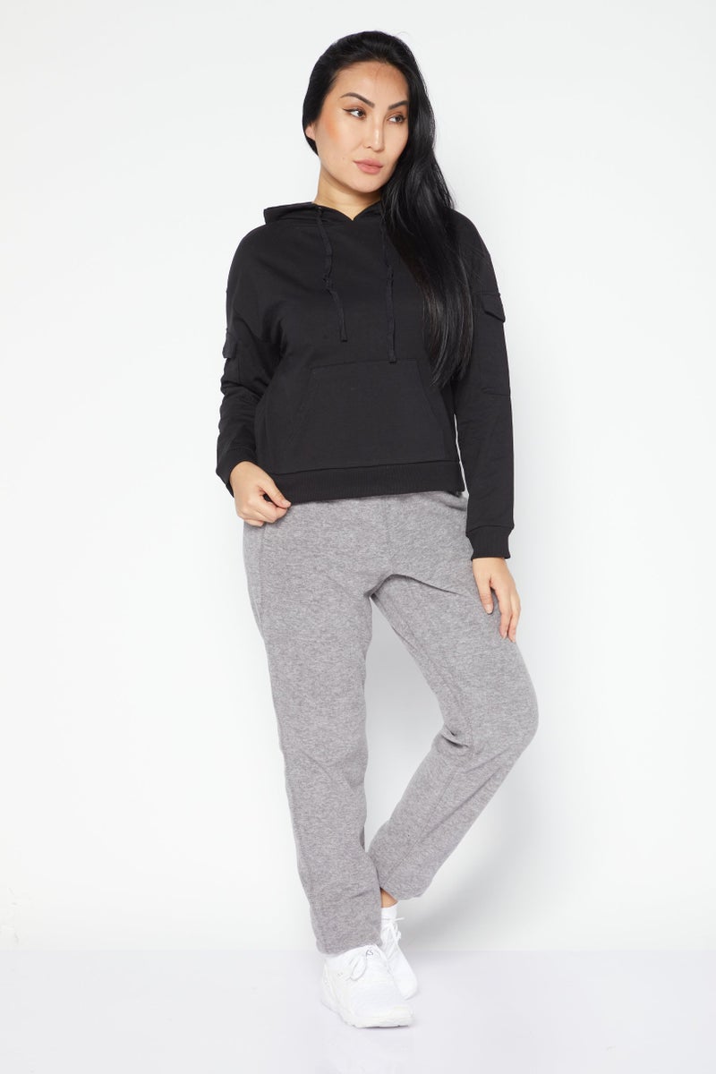 BRAVE SOUL Women Hooded Plain Sweatshirt, Black - Image 2