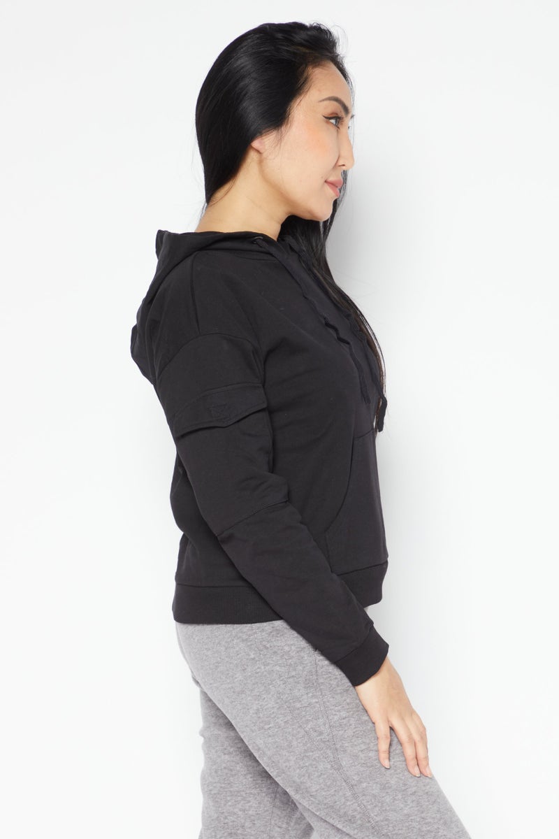 BRAVE SOUL Women Hooded Plain Sweatshirt, Black - Image 3