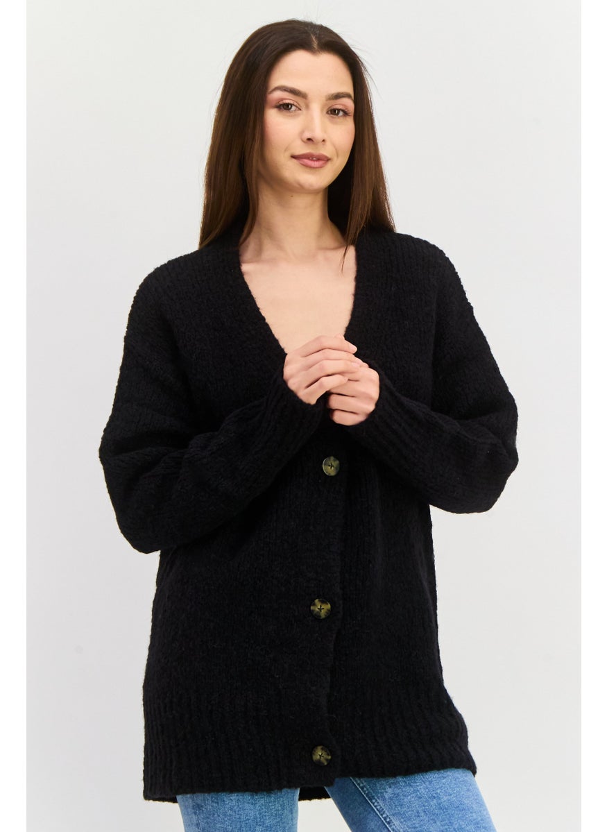 HUGO BOSS Women Knitted Button Detail Cardigan, Black  - Image 1