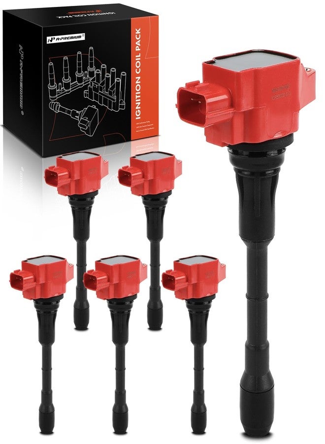 أ-بريميوم مجموعة ملفات إشعال محرك A-Premium (حمراء) متوافقة مع نيسان ألتيما 2007-2018، مورانو 2009-2023، باثفايندر، ماكسيما، كويست، وإنفينيتي QX60، Q50، G25، G35، M35h، Q70، JX35، FX35، EX35، طقم من 6 قطع - Image 1