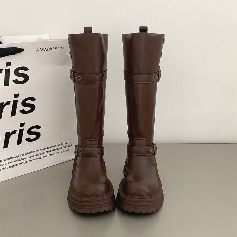 Jin Bukang Brown Retro British Style Thick Heel Thick Bottom Boots Women'S New Knight Boots - Image 1