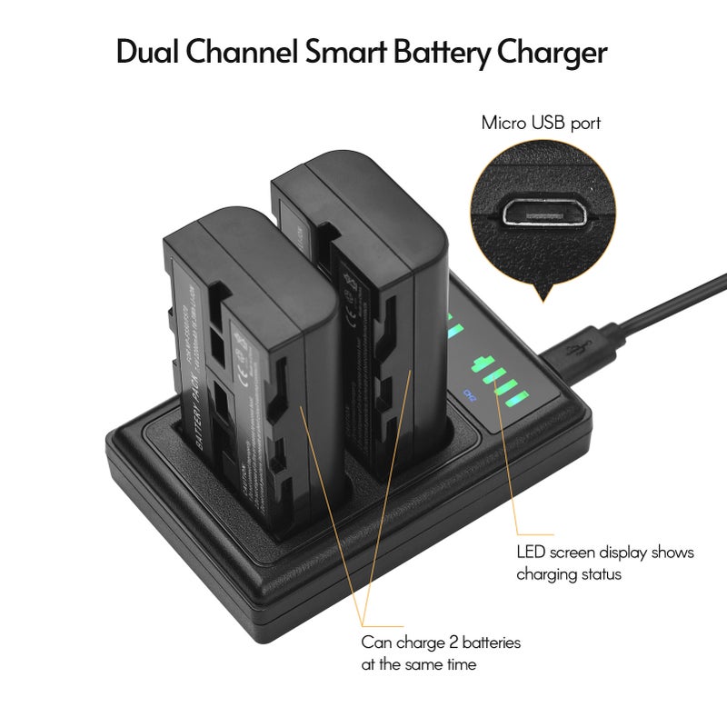 NP-F550 Battery Charger Kit: 2 Pcs 7.4V 2200mAh Black Rechargeable Batteries - Dual Channel USB Charger With LED Display for Camera Trip and Outdoor Photography - Image 4