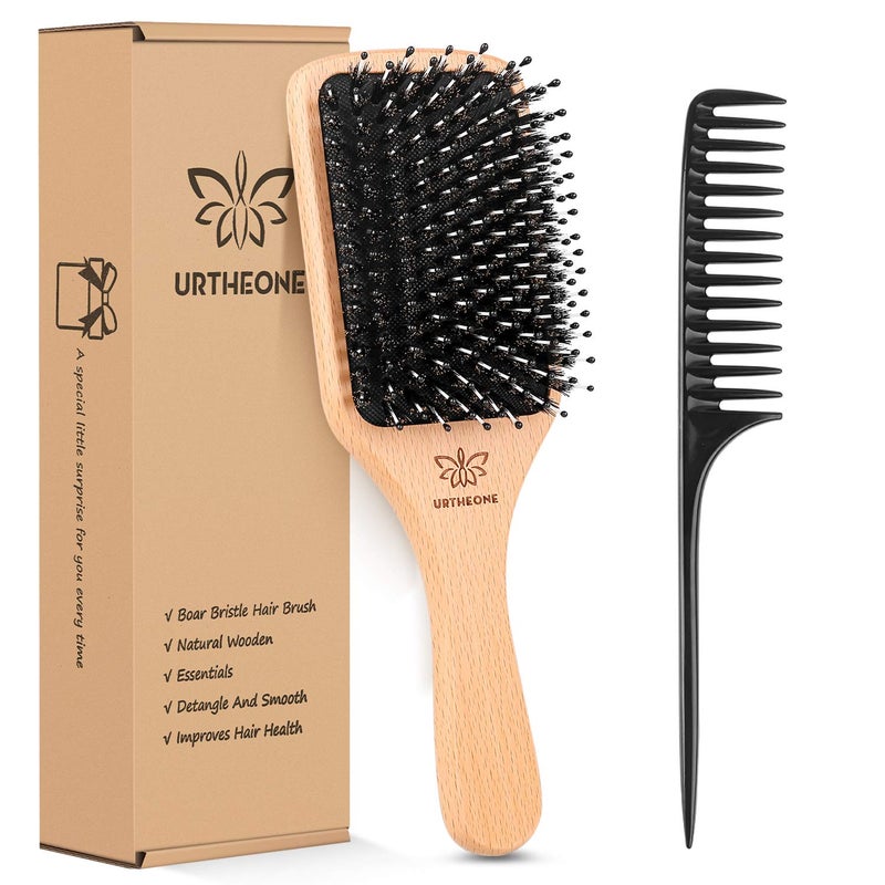 URTHEONE Hair Brush Boar Bristle Hairbrush for Thick Curly Thin Long Short Wet or Dry Hair Adds Shine and Makes Hair Smooth, Best Paddle Hair Brush for Men Women Kids - Image 1