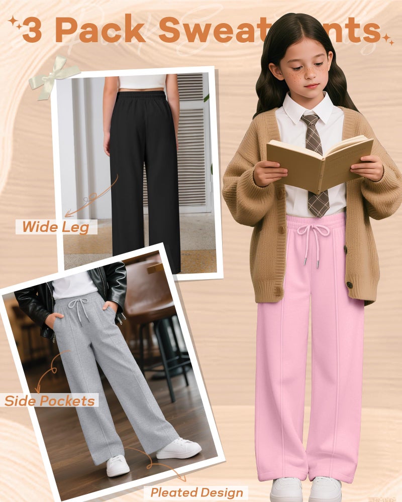 LessonZoo 3 Pack Girls Wide Leg Sweatpants Drawstring Baggy Pants Teen Girls Athletic Joggers Pants with Pockets 5-14Y(Pink, Light Heather Gray, Black,7-8 Years) - Image 5