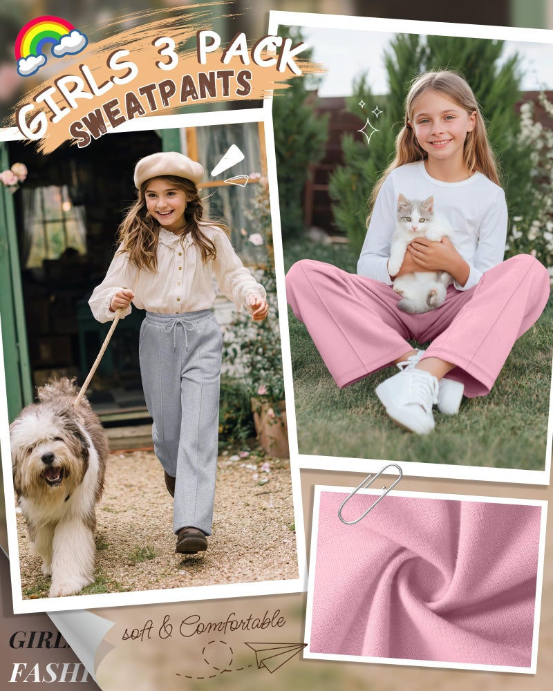 LessonZoo 3 Pack Girls Wide Leg Sweatpants Drawstring Baggy Pants Teen Girls Athletic Joggers Pants with Pockets 5-14Y(Pink, Light Heather Gray, Black,7-8 Years) - Image 3