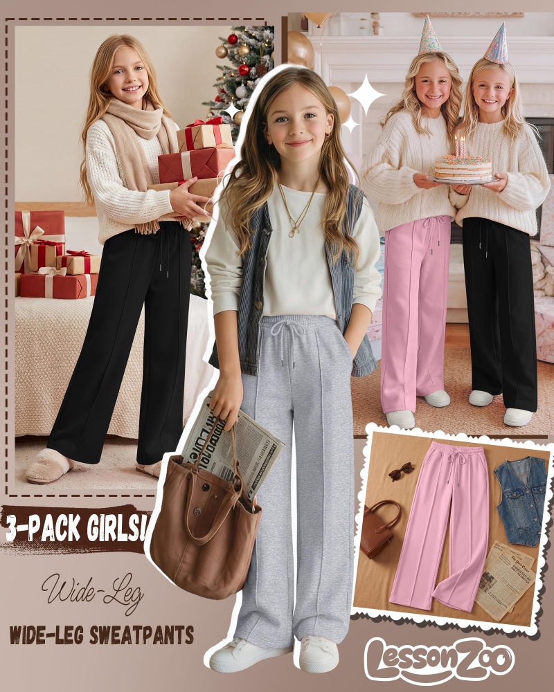 LessonZoo 3 Pack Girls Wide Leg Sweatpants Drawstring Baggy Pants Teen Girls Athletic Joggers Pants with Pockets 5-14Y(Pink, Light Heather Gray, Black,7-8 Years) - Image 2