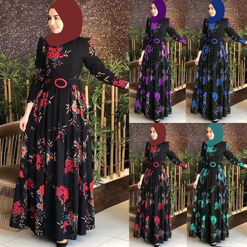 Spring 2024 New printed mid-waist four-color elegant commuter four-sided elastic printed dress not fleece-lined dress 1148 Green - Image 4