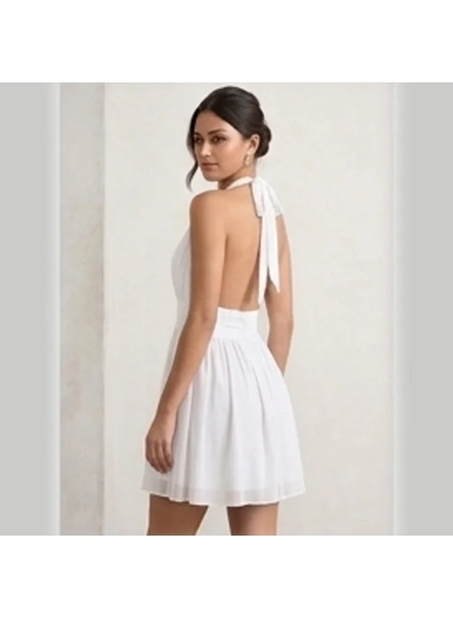 Caprisious  Ethereal Deep-V Halter Mini Dress with Lace Waist Detail for Women | Best Price UAE