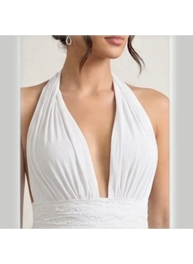 Caprisious  Ethereal Deep-V Halter Mini Dress with Lace Waist Detail for Women | Best Price UAE