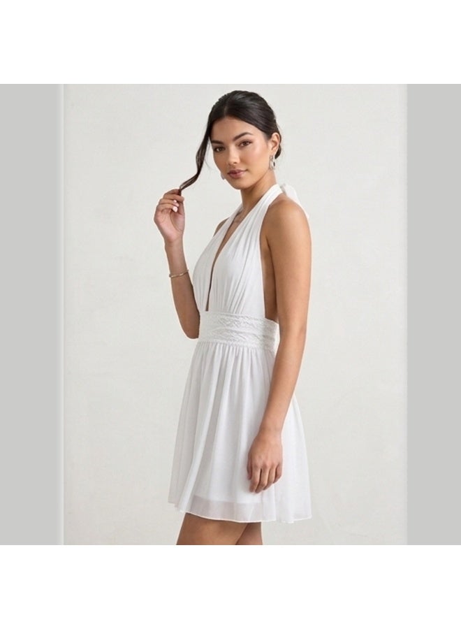 Caprisious Ethereal Deep-V Halter Mini Dress with Lace Waist Detail - Image 2