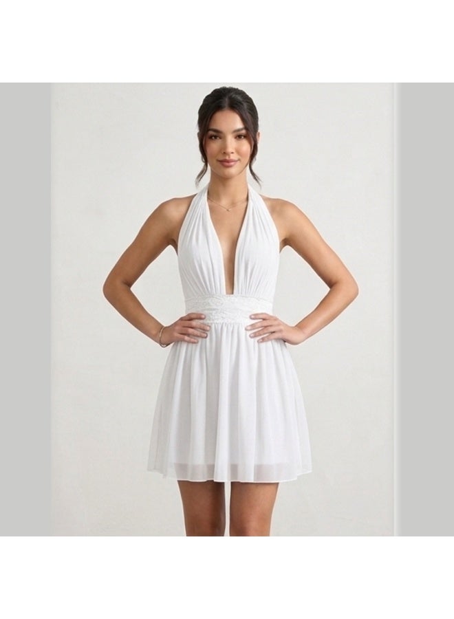 Caprisious Ethereal Deep-V Halter Mini Dress with Lace Waist Detail - Image 1