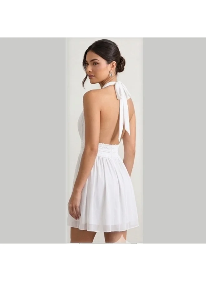 Caprisious  Ethereal Deep-V Halter Mini Dress with Lace Waist Detail for Women | Best Price UAE
