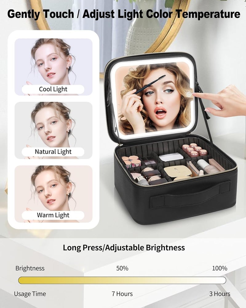 Feelon Cosmetic Bag with Rechargeable 3 Adjustable Color Brightness LED Mirror and Makeup Bag Included, Travel Makeup Vanity Bag and Adjustable Dividers (Black) - Image 2