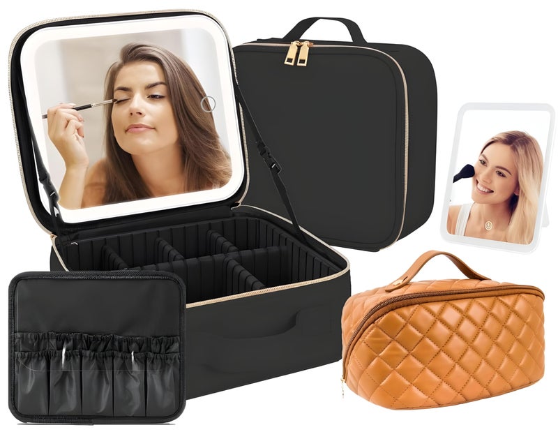 Feelon Cosmetic Bag with Rechargeable 3 Adjustable Color Brightness LED Mirror and Makeup Bag Included, Travel Makeup Vanity Bag and Adjustable Dividers (Black) - Image 1