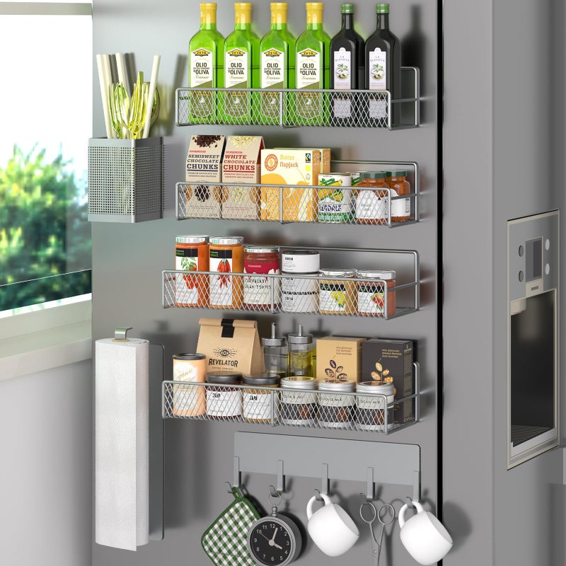 DTUQYX Magnetic Spice Rack for Refrigerator, 7 Pack 100% Metal Strong Magnet Shelves, Kitchen Spice Organizer W/ Hook Rack, Paper Towel Holder, Utensils Caddy, Home Laundry Room Storage Organization (Grey) - Image 1