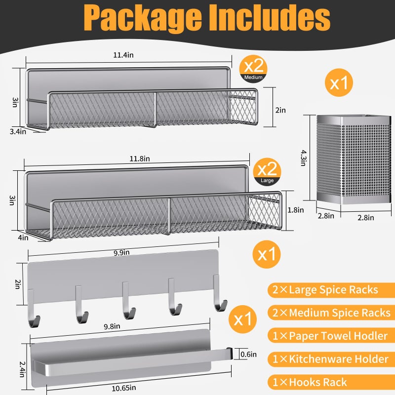 DTUQYX Magnetic Spice Rack for Refrigerator, 7 Pack 100% Metal Strong Magnet Shelves, Kitchen Spice Organizer W/ Hook Rack, Paper Towel Holder, Utensils Caddy, Home Laundry Room Storage Organization (Grey) - Image 2