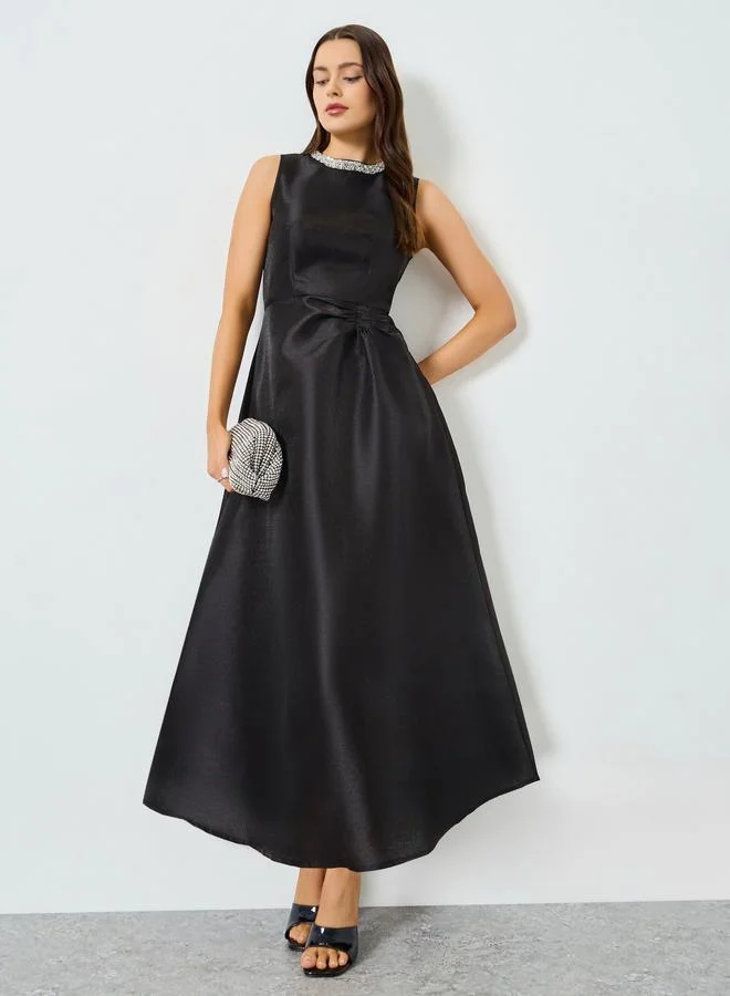 Take Two Black Satin Embellished Neckline Sleeveless Maxi Dress