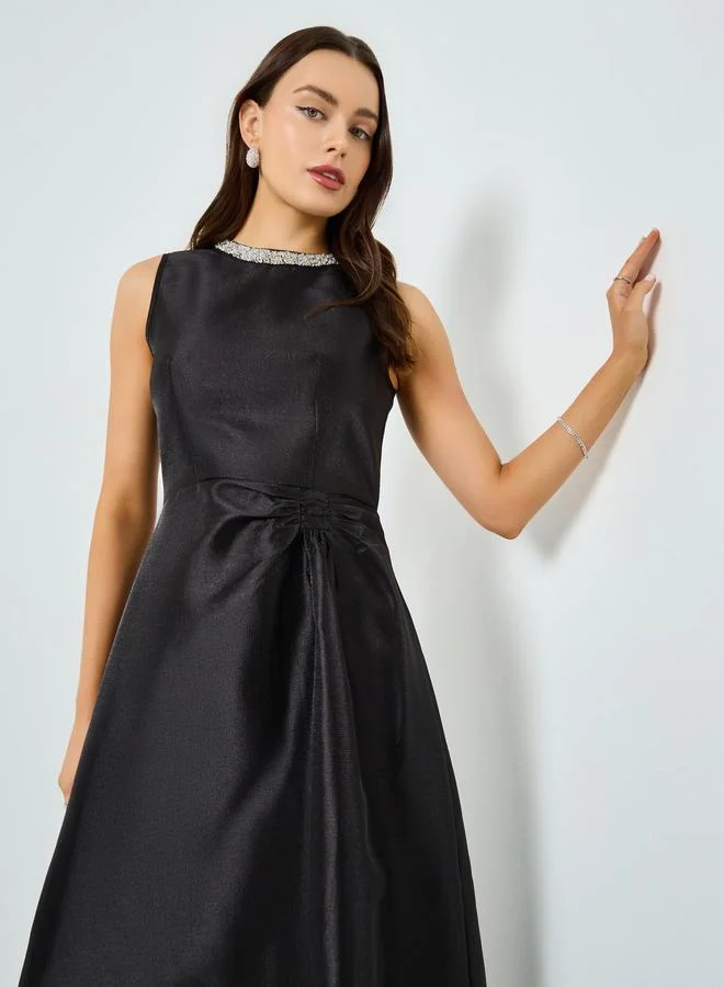 Take Two Black Satin Embellished Neckline Sleeveless Maxi Dress
