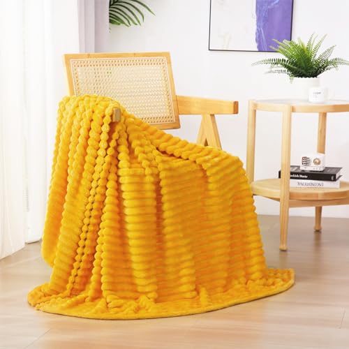 Linecooo Yellow Fleece Throw Blanket 5060 for Couch Sofa BedSuper Soft Cozy Plush Microfiber Flannel Blanket with 3D Stripes Lightweight for AdultsWomanGirlsGold - Image 1
