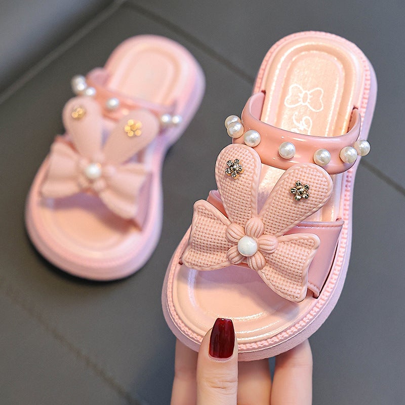 Children's Slippers Summer Internet Popular Cartoon Cute Non-slip Soft Bottom Large Small and Medium Children's Princess Bow Pearl String Slippers - Image 2