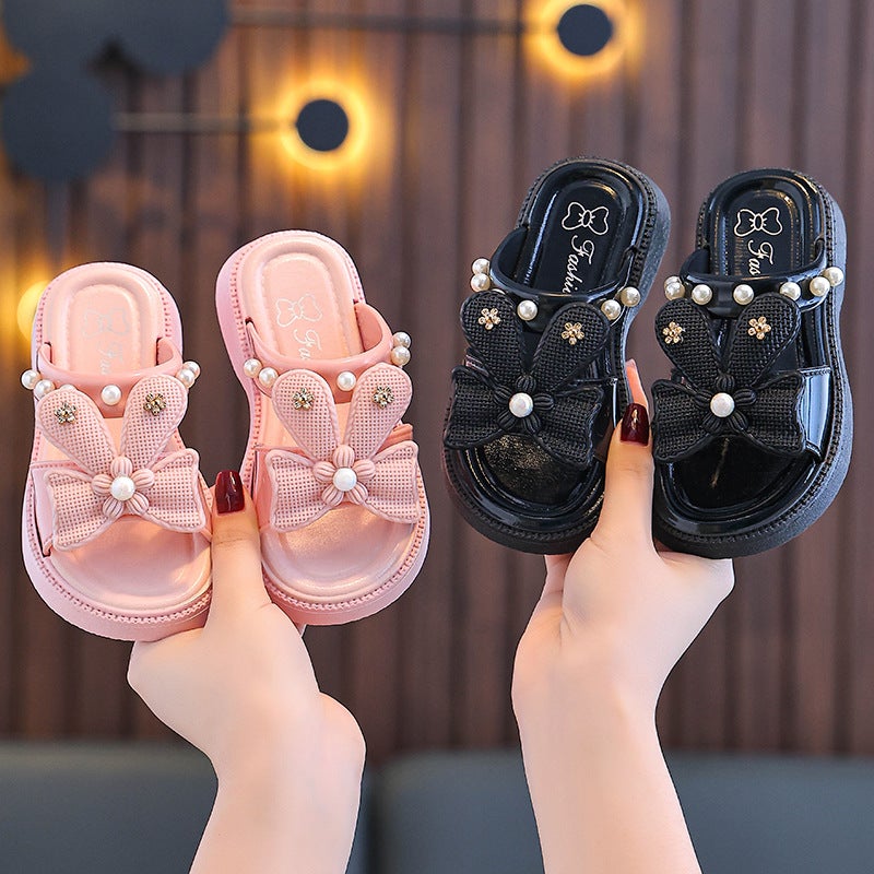Children's Slippers Summer Internet Popular Cartoon Cute Non-slip Soft Bottom Large Small and Medium Children's Princess Bow Pearl String Slippers - Image 3