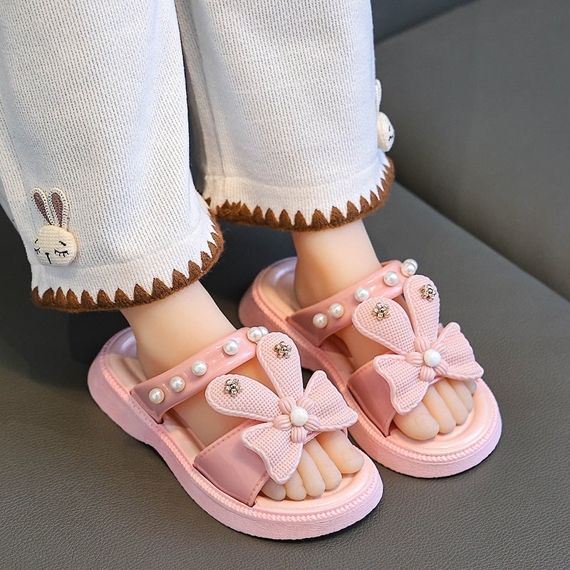 Children's Slippers Summer Internet Popular Cartoon Cute Non-slip Soft Bottom Large Small and Medium Children's Princess Bow Pearl String Slippers - Image 5