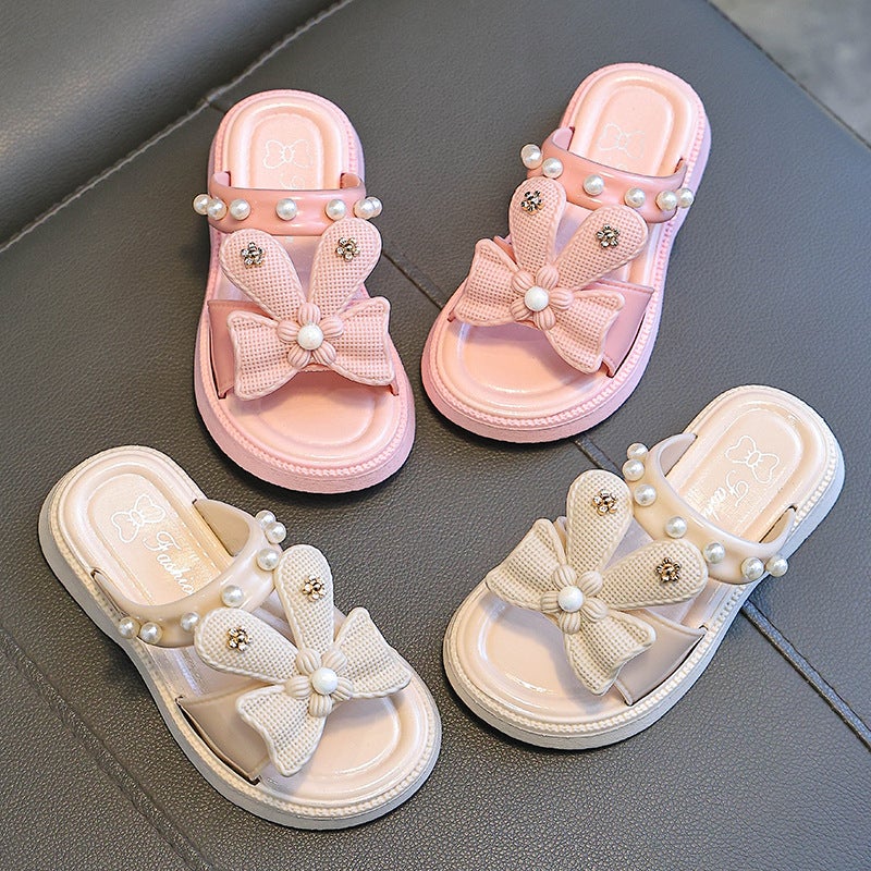 Children's Slippers Summer Internet Popular Cartoon Cute Non-slip Soft Bottom Large Small and Medium Children's Princess Bow Pearl String Slippers - Image 4