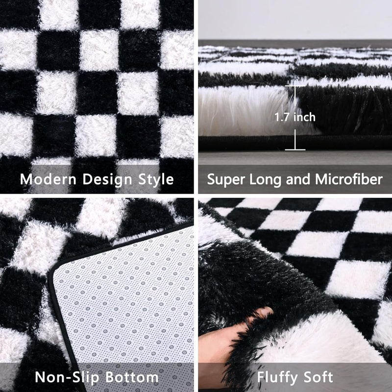 FALARK Rugs for Bedroom Living Room, 4x6 ft Black and White Checkered Area Rug, Fluffy Soft Washable Carpet, Modern Non-Slip Shag Carpets for Boys Girls Nursery Home Aesthetic Decor - Image 4