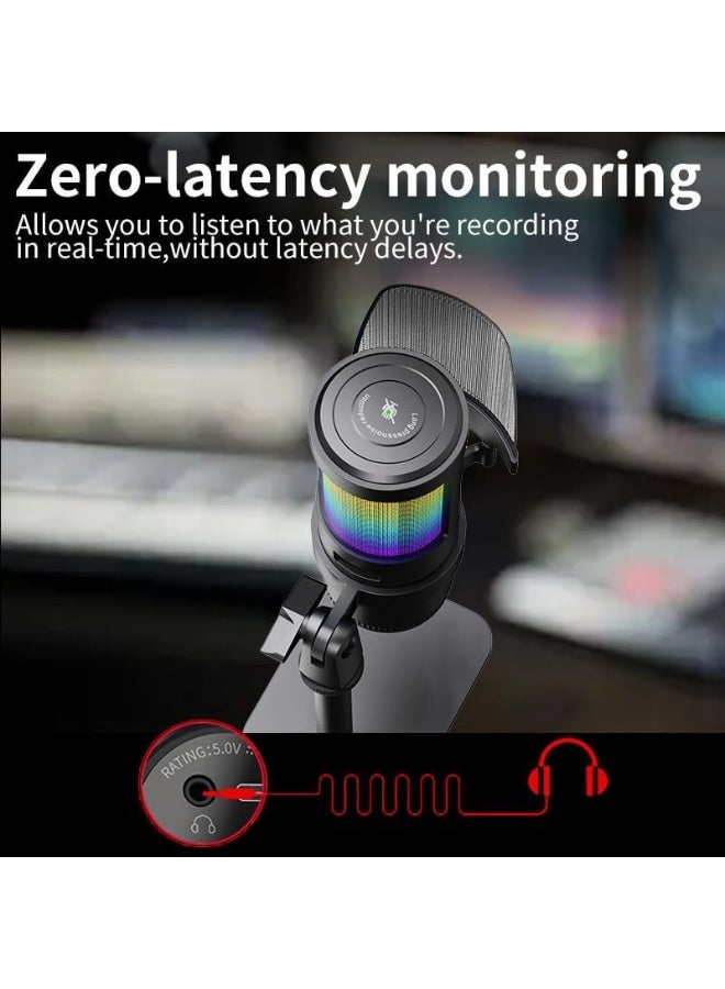 Jmary USB RGB Podcast Microphone for PC & Laptop – Professional Studio Condenser Mic with Tap-to-Mute, Adjustable Gain, Noise Cancellation, Zero-Latency Headphones, RGB Lighting, 360° Rotatable Shock Mount, Pop Filter, Plug & Play for Streaming, Podcasting, Gaming & Content Creation - Image 3