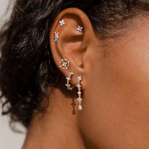 Krfy 6 Pcs Dainty 14K Gold Plated Earrings for Women - Sterling Silver Post Hypoallergenic Cartilage Earrings for Women Blue Blossom Dangle Earrings Earring Sets for Multiple Piercing - Image 5