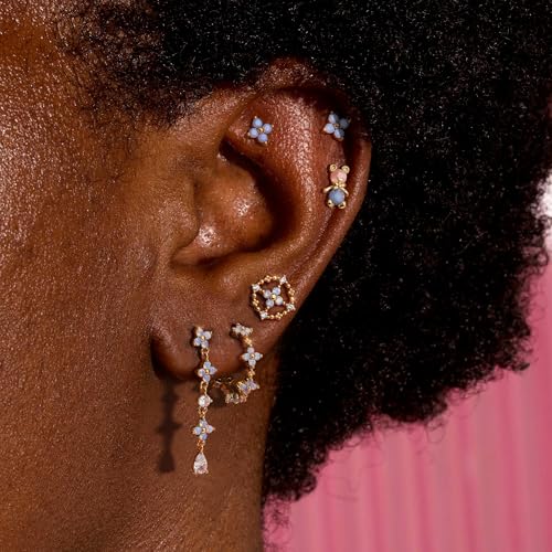 Krfy 6 Pcs Dainty 14K Gold Plated Earrings for Women - Sterling Silver Post Hypoallergenic Cartilage Earrings for Women Blue Blossom Dangle Earrings Earring Sets for Multiple Piercing - Image 2