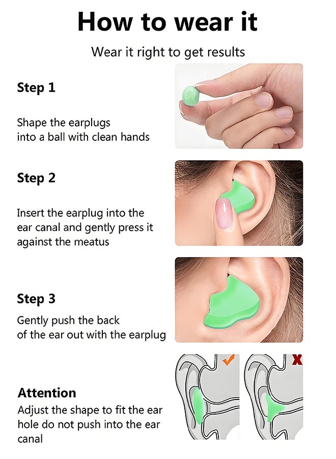 Wish Plus Earplugs for Sleeping Swimming – Reusable Moldable Soft Gel Strong Noise Cancelling Ear Plugs, Zero Pressure Fit (Green-12Pcs) - Image 3