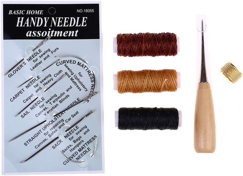 HEALLILY 12 Pcs/Set Leather Craft Sewing Kit with Copper Thimble Wax Threads Awl Needles Leather Working Tools for Leather Craft DIY Supplies - Image 1