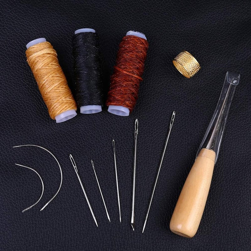 HEALLILY 12 Pcs/Set Leather Craft Sewing Kit with Copper Thimble Wax Threads Awl Needles Leather Working Tools for Leather Craft DIY Supplies - Image 5