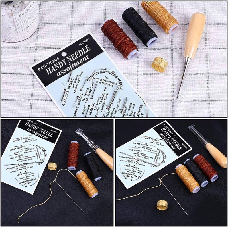 HEALLILY 12 Pcs/Set Leather Craft Sewing Kit with Copper Thimble Wax Threads Awl Needles Leather Working Tools for Leather Craft DIY Supplies - Image 4