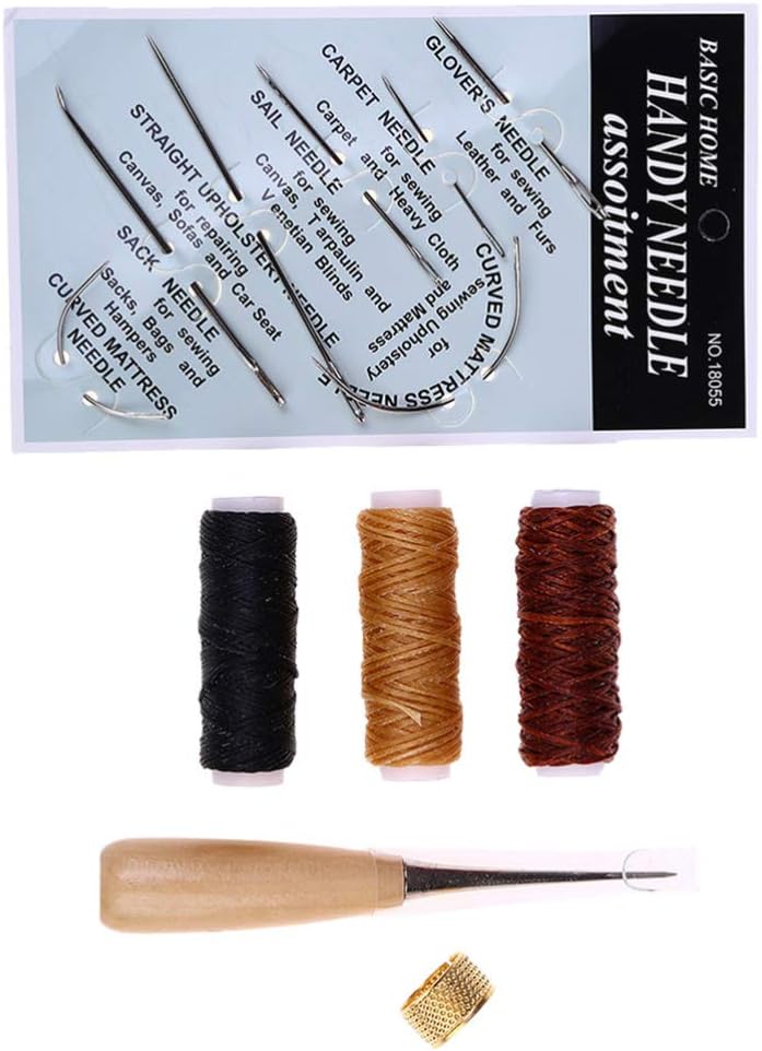 HEALLILY 12 Pcs/Set Leather Craft Sewing Kit with Copper Thimble Wax Threads Awl Needles Leather Working Tools for Leather Craft DIY Supplies - Image 3